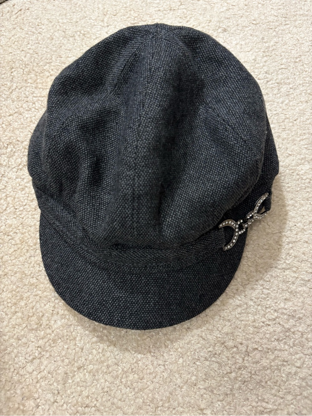 Dark Grey Wool Cap with Rhinestone Accent